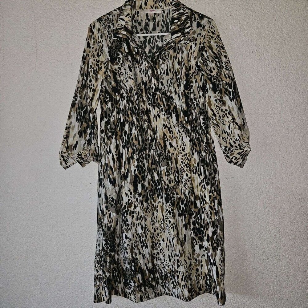 Leggiadro Womens Animal Print Shirt Dress Size 10 Brown Black 3/4 Sleeve